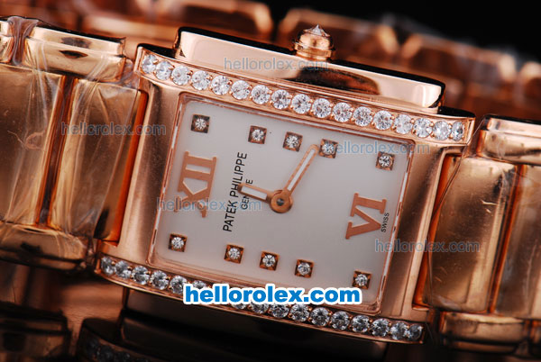 Patek Philippe Quartz Movement Diamond Bezel with White Dial and Full Rose Gold--Lady Size - Click Image to Close